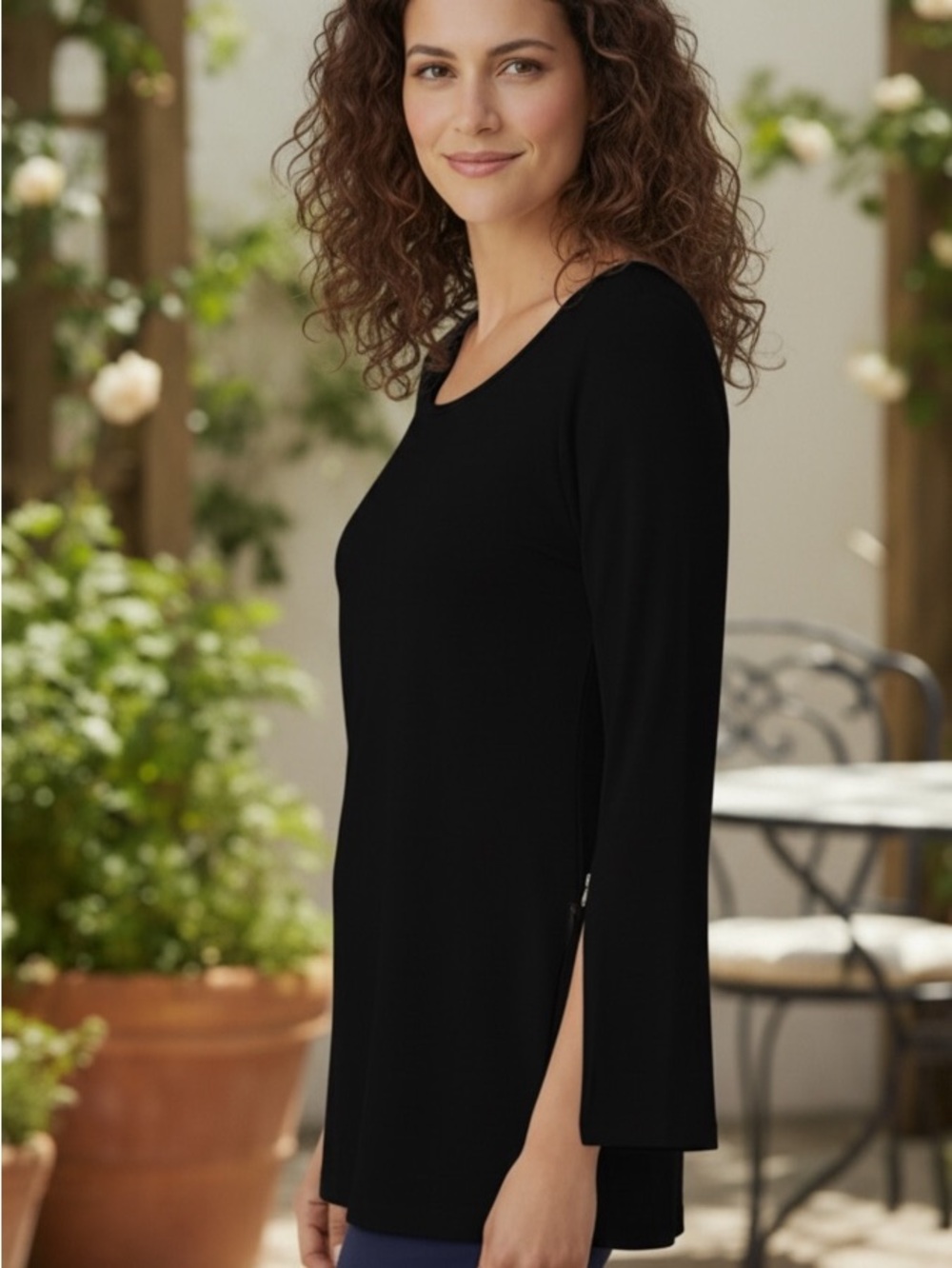 Black Long-Sleeve Split-Hem Women's Top